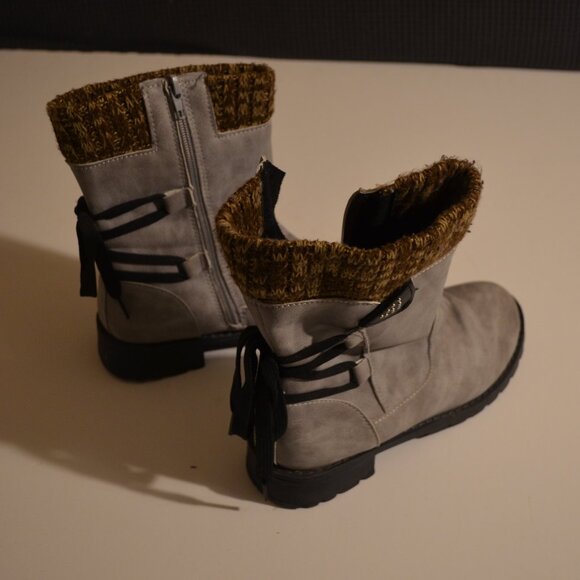 Gray Mid Rise Boots Side Zipper Decorative Back Lace Brown Wool Knit Top Lady 37 - Picture 2 of 7